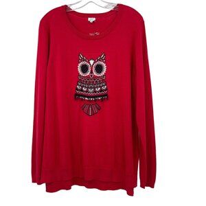 Crown & Ivy Sweater Womens Size XL Red owl graphic crew pull over cotton new